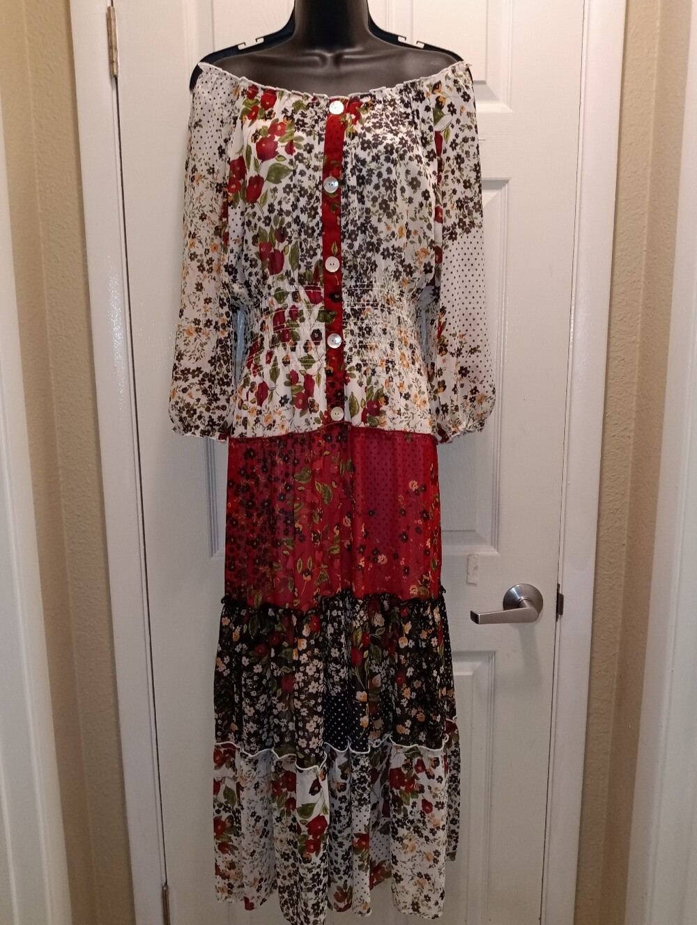 NWT Figueroa & Flower Patchwork Off-Shoulder Maxi Dress in Red and White